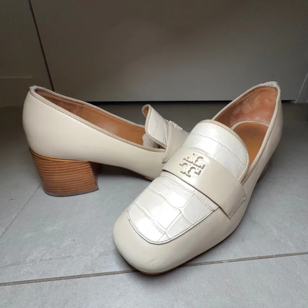 Tory Burch Everly Loafers 8M Cream Leather Block Heel Croc Double T Professional